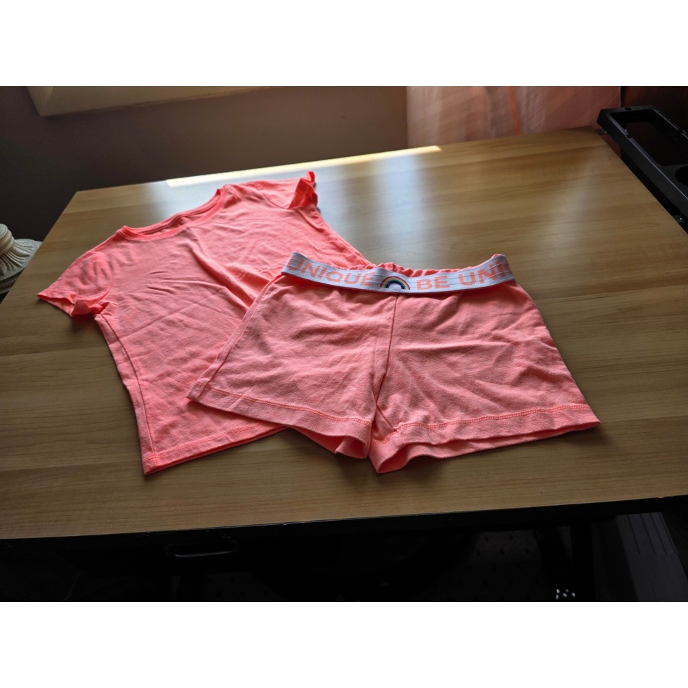 Wonder Nation Girls Neon Coral Be Unique Pajama Set Shorts & Tee Size S 6-6X